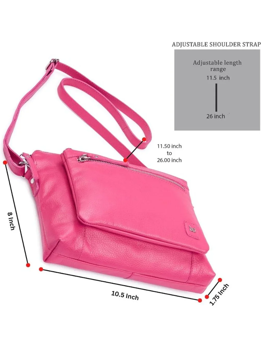 Women's Hot Pink Genuine Leather Sling Purse with Adjustable Strap Crossbody bag